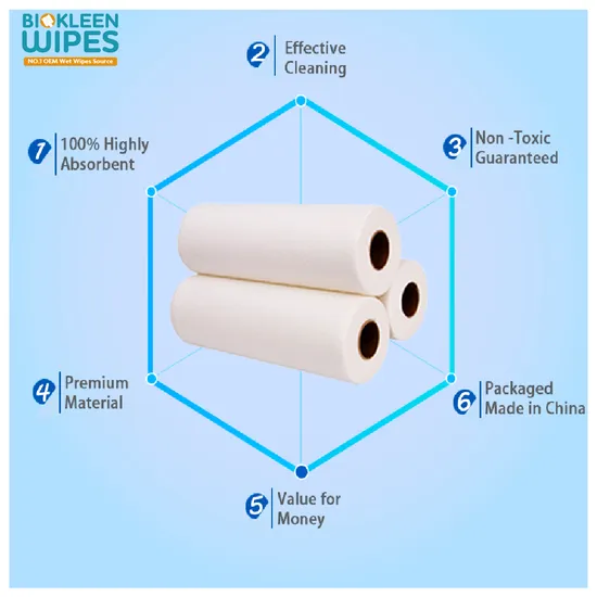 Biokleen Perforated Spunlace Cellulose Polyester Non Woven Industrial Disposable Lint Free Oil Absorbent Cleaning Dry Wipes Roll